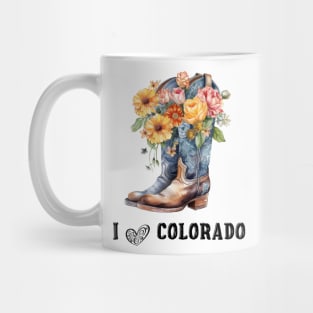 I Love Colorado Boho Cowboy Boots with Flowers Watercolor Art Mug